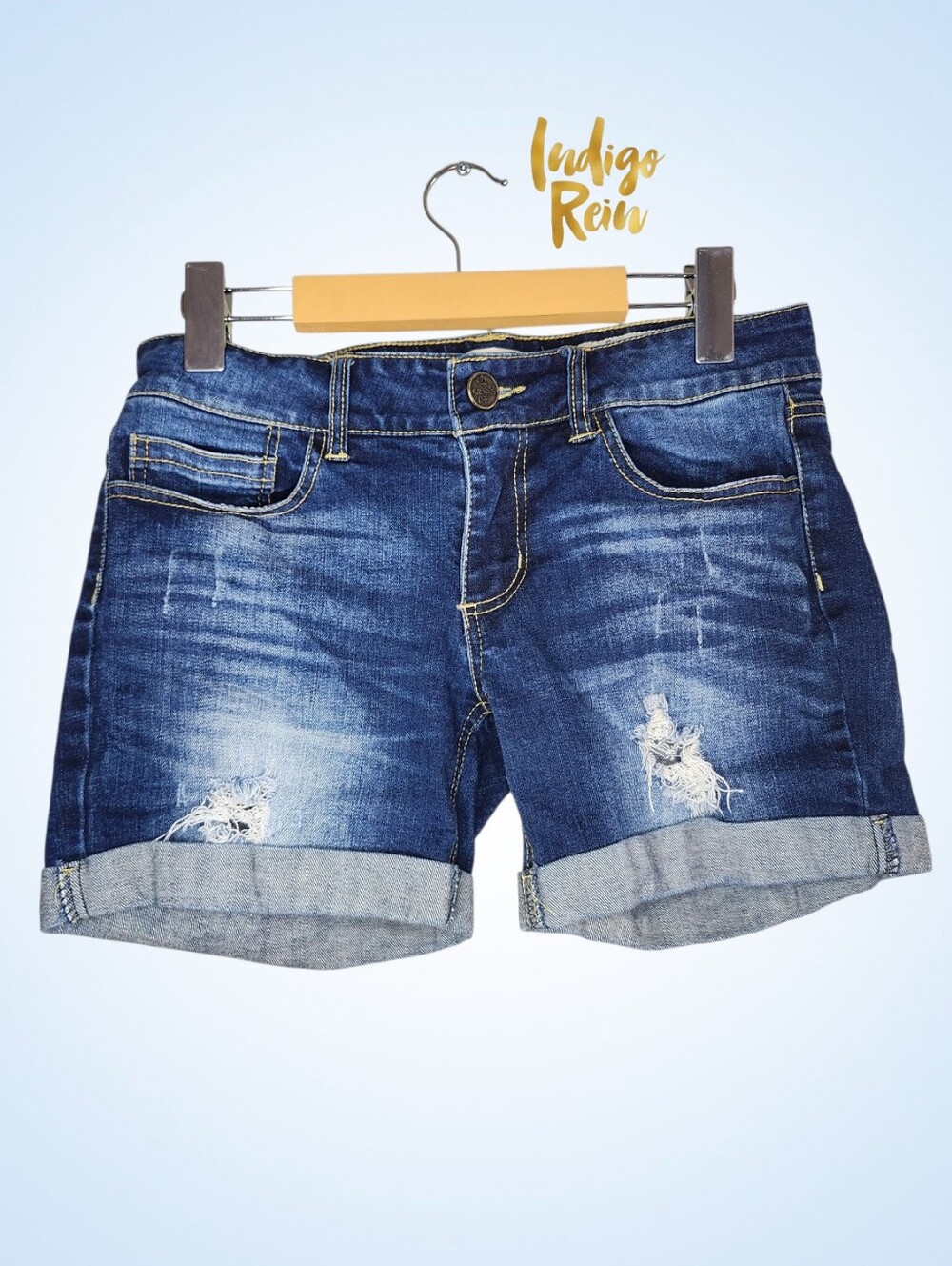 INDIGO REIN Distressed Dark Blue Rolled Hem Jean Shorts - 5
